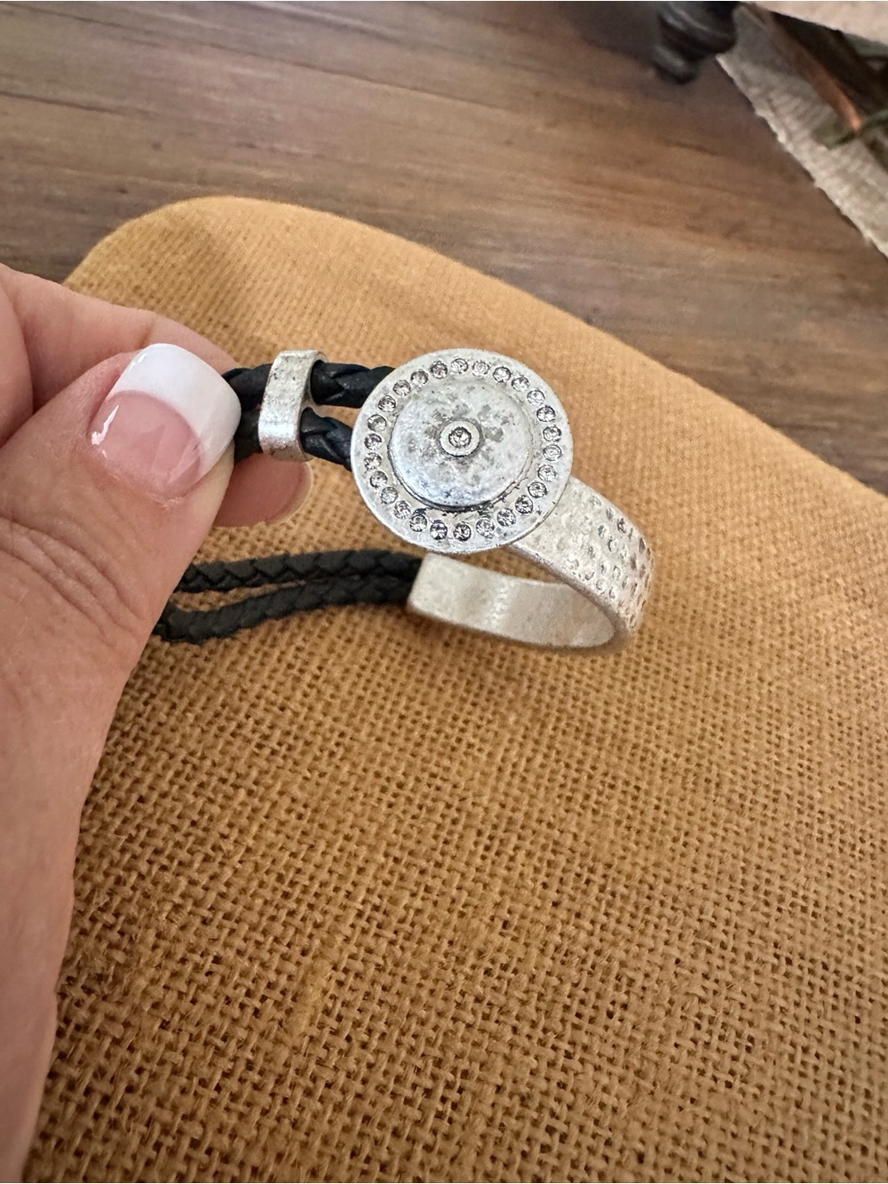 Black Braided Leather Bracelet with Silver Crystal Accent
